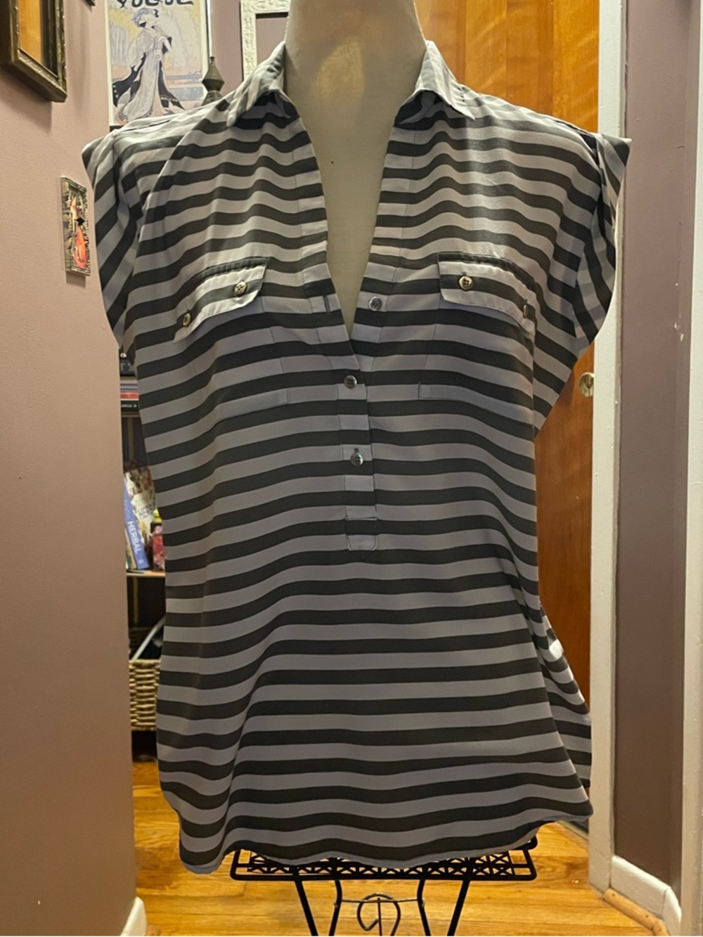 New York & Company Black and Gray Striped Cap-Sleeve Blouse